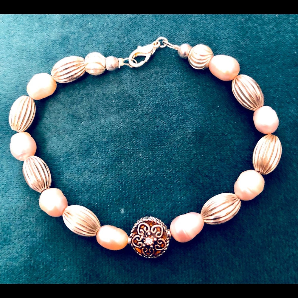 Freshwater Pink Pearls with Sterling Silver Beaded Handmade Bracelet